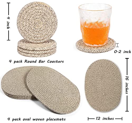4 Pack Oval Woven Placemats, Mix Brown Cotton Plate Chargers with 4 Pack Round Coasters, Thick Heat Insulation Mats Household Table Mats Braided Bowl Mats Fabric Rustic Placemats for Dining - color: Mixed Brown, size: Oval Set of 4