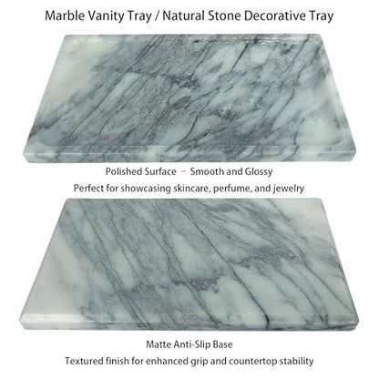 White Marble Vanity Tray – 10.63"x5.91" Rectangular Natural Stone Organizer for Bathroom Perfume Makeup Jewelry Dresser Entryway - color: Rectangular Plum Blossom White