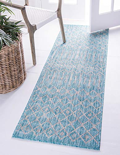 Unique Loom Outdoor Trellis Collection Area Rug - Tribal Trellis (2' x 6' 1" Runner, Aqua/ Ivory) - color: Aqua/Ivory, size: 2' x 6'1" (Runner)