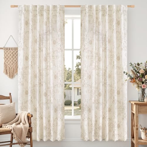 LAMIT Beige Floral Linen Curtains 72 Inch Length for Living Room - color: Beige, size: 52"W x 72"L (Pack of 2)