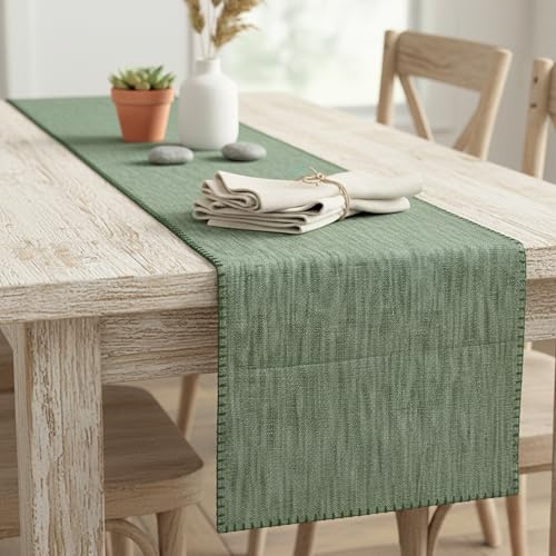 Cotton Table Runner 72 inches Long Decorative Stitched Edge Kitchen Table Runner Bedroom Dresser Scarf Dining Room Table Topper Washable Textured Fabric Runner Furniture Top Cover Green - color: Olive Green, size: 14"x 72"