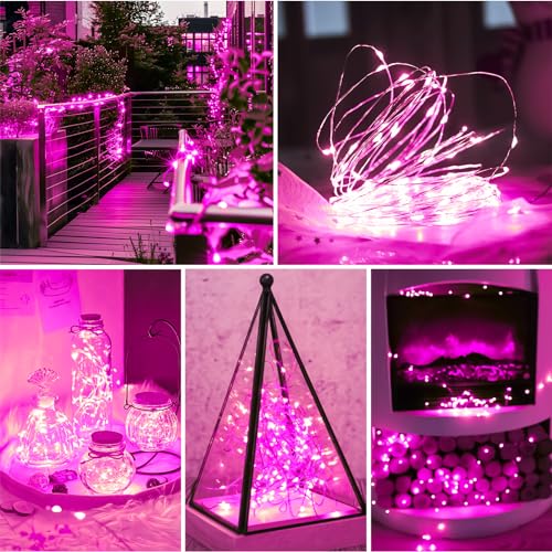 Pink Fairy Lights Battery Operated (Included), 8 Modes & Auto Timer, 16FT 50Led Mini Twinkle Silver Wire Firefly Starry Lights, Waterproof Battery Operated Lights for Mason Jars Wedding Party - color: Pink, size: 1 Pack - Batteries Included