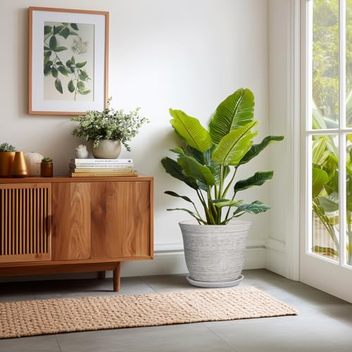 Ceramic Planter, 12 Inch Plant Pot with Drainage and Saucer, Grey - color: Grey-white, size: 12 Inch