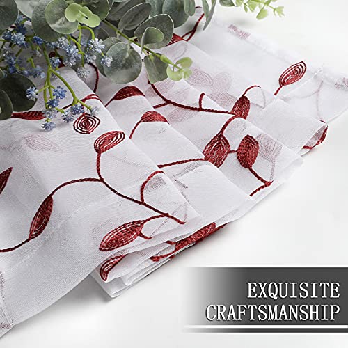 Tollpiz Leaves Sheer Tier Curtain Burgundy Red Leaf Embroidery Kitchen Half Curtains Rod Pocket Voile Faux Linen Embroidered Leaves Curtain for Bathroom, 30 x 36 inches Long, Set of 2 Panels - color: Burgundy Red, size: 30"W x 36"L (Pack of 2)