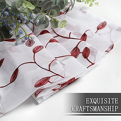 Tollpiz Leaves Sheer Tier Curtain Burgundy Red Leaf Embroidery Kitchen Half Curtains Rod Pocket Voile Faux Linen Embroidered Leaves Curtain for Bathroom, 30 x 36 inches Long, Set of 2 Panels - color: Burgundy Red, size: 30"W x 36"L (Pack of 2)