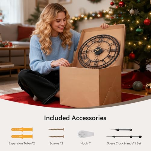 24" Large Wall Clock, Big Clock for Living Room Decorative, Black Large Wall Clocks Battery Operated with Metal Roman Numeral, Completely Silent, Non-Ticking for Bedroom, Kitchen,Fireplace - size: 24 inch