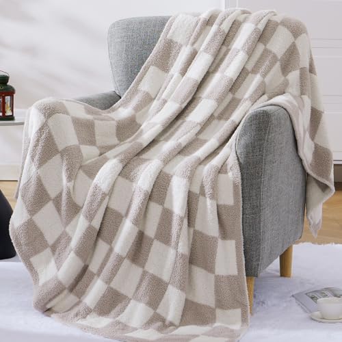 WRENSONGE Soft Twin Size Checkered Blanket for Bed-Cozy Knitted Blankets - color: Art Taupe, size: Twin(60"x80")