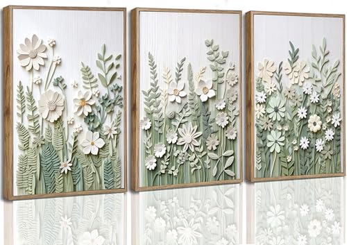 3 Pcs Framed Farm Sage Green Wildflowers Canvas Wall Art - color: Wooden Frame, size: 24L" x 16W"