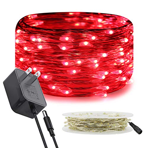 RUICHEN Fairy Lights Plug in, Silver Wire 33 Ft 100 LED String Lights, Red - color: Red
