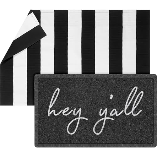 Geelin 2 Pcs Layered Hey Y'all Doormat, Black and White Striped Rug Set - style: Stripe Hey Y'all