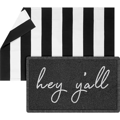 Geelin 2 Pcs Layered Hey Y'all Doormat, Black and White Striped Rug Set - style: Stripe Hey Y'all