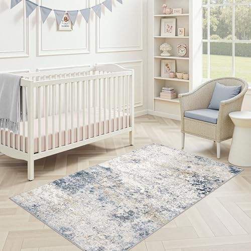 DMOYEST 3x5 Entryway Area Rug Washable Abstract Beige Blue Small Carpet - color: Beige Blue, size: 3' x 5' (Rectangular)