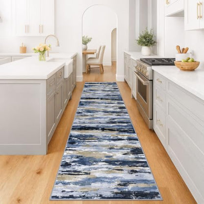 Abstract Washable Runners for Hallway 3x16 Runner Rug Non Slip - color: Navy / Blue / Taupe, size: 3' x 16' (Runner)