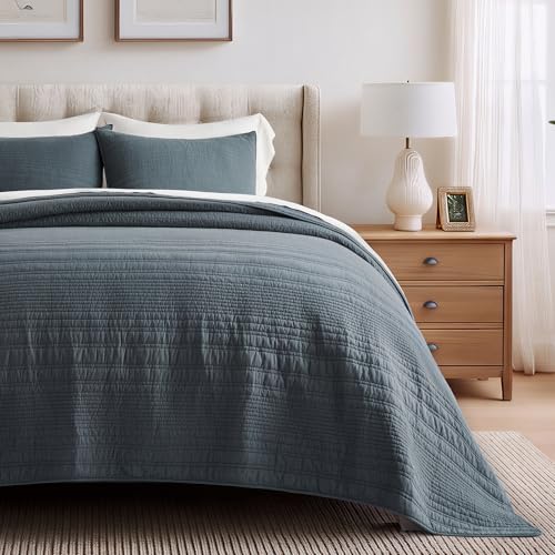 EVERGRACEHOME 100% Cotton Quilt Set Oversized Cal King, Midnight Blue - color: Midnight Blue, size: Oversized Cal King (118" X 102")