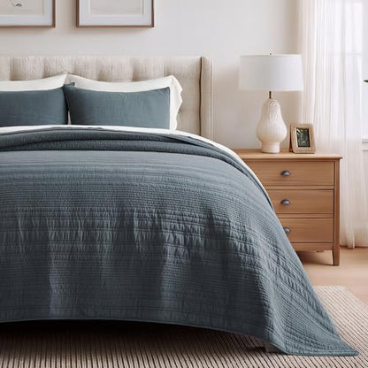 EVERGRACEHOME 100% Cotton Quilt Set Oversized Cal King, Midnight Blue - color: Midnight Blue, size: Oversized Cal King (118" X 102")