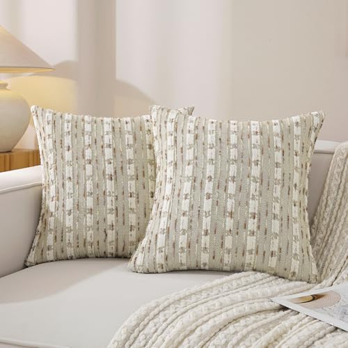 Boho Brown Striped Tufted Chenille Textured Throw Pillow Covers 20x20 Inch Set of 2 - color: Brown Striped, size: 20" x 20" (Pack of 2)