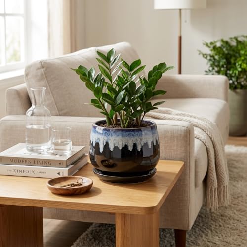 Ceramic Plant Pots 7 Inch, Ceramic Planter with Saucer, Black-Blue - size: 7 Inch, style: Black-blue