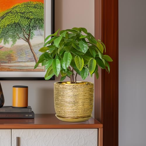8 Inch Plant Pot, Ceramic Planter with Drainage and Saucer, Gold - color: Gold, size: 8 Inch
