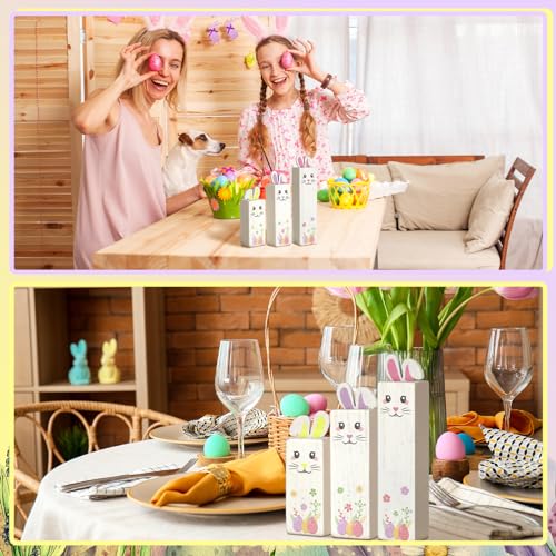 BBTO 3 Pcs Easter Table Decor Bunny Wooden Tiered Tray Decor Rabbit Tabletop Decoration Block Sign Table Centerpiece for Spring Home Decoration Home Shelf Office Kitchen Desk Party Supply(Bunny) - style: Bunny