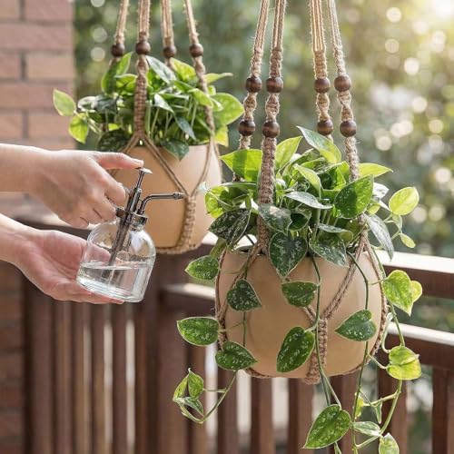 Macrame Plant Hanger 35", Set of 2 No Tassel Hanging Plant Holder, Sturdy Flower Pot Holder with 4 Hooks - Brown - color: Brown, size: 35"-2pcs