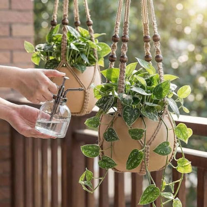 Macrame Plant Hanger 35", Set of 2 No Tassel Hanging Plant Holder, Sturdy Flower Pot Holder with 4 Hooks - Brown - color: Brown, size: 35"-2pcs