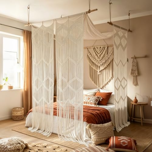 Flber 2Pcs Boho Beige Macrame Curtains Sheer Window Decor 23.6" W*98" L - color: Beige1*2