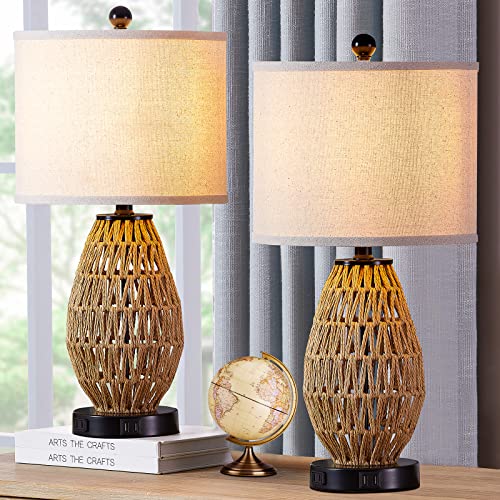 CINSARY Touch Control Rattan Table Lamps, 3 Way Dimmable Bedside Lamps for Bedroom Set of 2 with 2 USB Ports and AC Outlet, Wicker Nightstand Lamps for Living Room (LED Bulbs Included), Rattan - color: Rattan