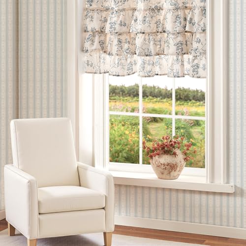 jinchan Alisa Ruffled Floral Valance Curtain 18 Inch 1 Panel Blue on Linen - color: Alisa Blue on Linen