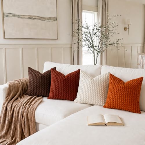 LANANAS Decorative Soft Corduroy Throw Pillow Covers 20x20, Rustic Earth - color: Rust Orange, size: 20" x 20" (Pack of 4)