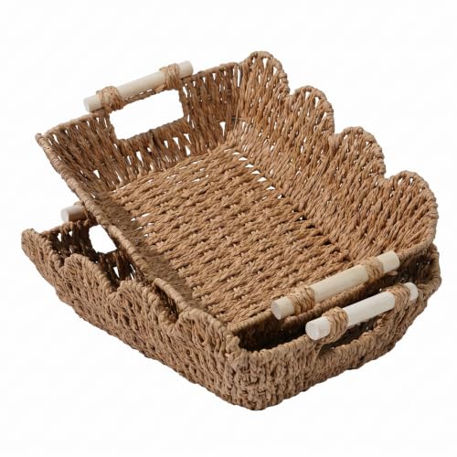 Coeusy Set of 2 Paper Rope Scalloped Baskets, Cute Wicker Basket Natural - color: Neutral