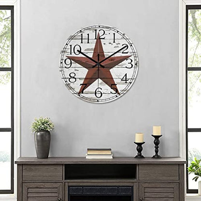 Round Farmhouse Wall Clock Western Texas Star Country Style Wood Clock Silent Non-ticking Battery Operated with Large Numbers Antique Wall Art Time Clock for Living Room Farmhouse School 15 Inch - color: Style-4, size: 15in