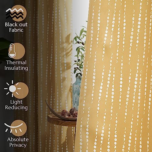 jinchan Boho Blackout Curtains 63 Inch Length Moon Phase Printed Drapes - color: Luna | Mustard Yellow, size: 52"W x 63"L (Pack of 2)