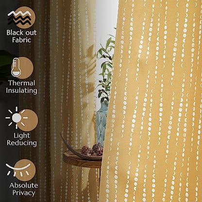 jinchan Boho Blackout Curtains 63 Inch Length Moon Phase Printed Drapes - color: Luna | Mustard Yellow, size: 52"W x 63"L (Pack of 2)
