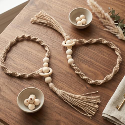 2 Pack Macrame Curtain Tiebacks with Wooden Beads Boho Handmade Beaded