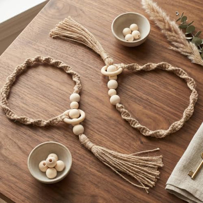 2 Pack Macrame Curtain Tiebacks with Wooden Beads Boho Handmade Beaded
