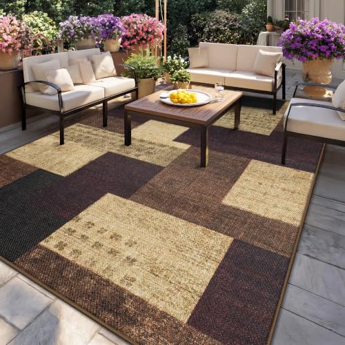 Modern Outdoor Patio Rug, Geometric Patchwork Area Rug for Living Room, Red - color: Red, size: 8x10ft