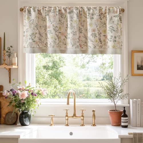 jinchan Maia Floral Linen Double Layer Valance 18 Inch 1 Panel Pink - color: Maia Pink on Linen, size: 50"W x 18"L (Pack of 1)