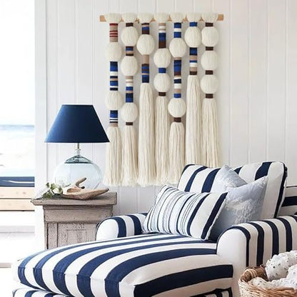 Macrame Wall Hanging Blue Handmade Yarn with Ball Tassels 15.7" Wx 21.6" L - color: Blue