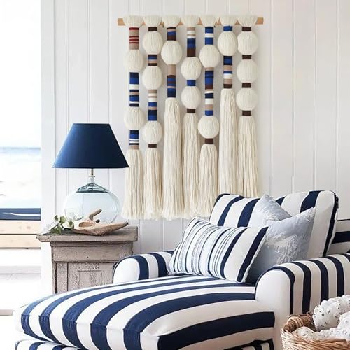 Macrame Wall Hanging Blue Handmade Yarn with Ball Tassels 15.7" Wx 21.6" L - color: Blue