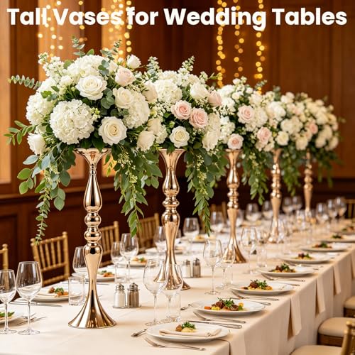 12 Pcs Gold Wedding Centerpieces for Table Decor, Tall Wedding Flower Vases Bulk, Metal Arrangements Center Pieces, Elegant Floral Stands Set for Bridal Party Reception Decorations Anniversary