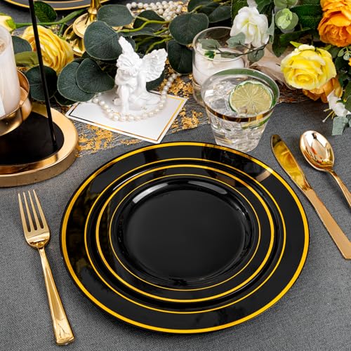 bUCLA 150 Pieces Black and Gold Disposable Dinnerware Set - 25 Guests Black Gold Plastic Plates Include 25 Dinner & 25 Dessert Plates, 25 Spoons, 25 Forks, 25 Knives, 25 Cups for Party & Graduation - color: Black/Gold
