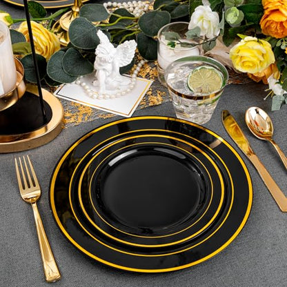 bUCLA 150 Pieces Black and Gold Disposable Dinnerware Set - 25 Guests Black Gold Plastic Plates Include 25 Dinner & 25 Dessert Plates, 25 Spoons, 25 Forks, 25 Knives, 25 Cups for Party & Graduation - color: Black/Gold