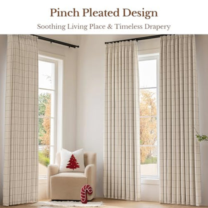 THREE GIRLS Plaid Pinch Pleated Curtains - Modern Luxury Linen Buffalo Blackout Drapes, Thermal Insulated Double Layer Window Panels for Living Room Bedroom, 102 Inches Long Brown 2 Panels Set - color: Linen, size: 40"W x 102"L (Pack of 2)