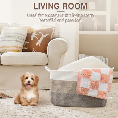 YOUDENOVA Large Blanket Basket, Rectangle Cotton Rope Storage Baske - color: White+Light Brown+Dark Brown