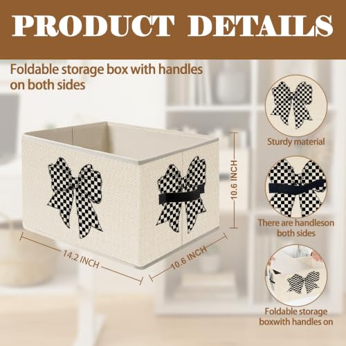 Black and White Checkered Coquette Bow Storage Basket Organizer - color: White Checkered Bow