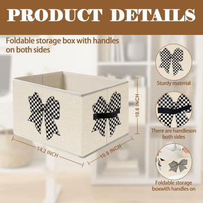 Black and White Checkered Coquette Bow Storage Basket Organizer - color: White Checkered Bow