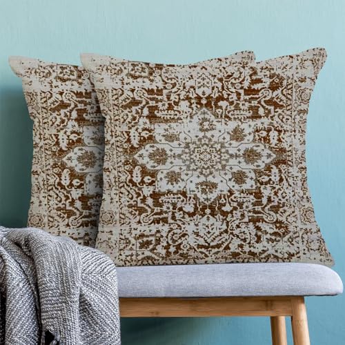AEIOAE Boho Pillow Covers 16x16 Inch Set of 2,Brown Beige Carpet Pattern Throw Pillows Case,Ethnic Design Retro Outdoor Decorative Square Linen Farmhouse Decor Cushion Covers for Home Sofa Couch - color: Brown Beige, size: 16" x 16" (Pack of 2)