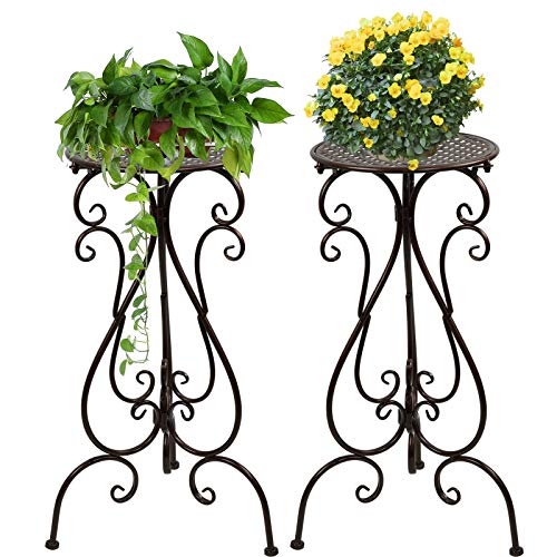 NAKUPE 2 Pack Plant Stands Indoor Outdoor, Metal Flower Pot Holder 22.5 inch Tall, Heavy Duty Pedestal Plants Stand for Patio Garden Porch Corner Balcony, Brown