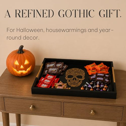 Gothic Skull Serving Tray, Black Gloss, Gold Handles by Death Decor - style: SKULL