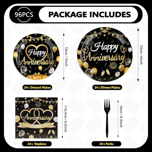 Greencian 96 Pcs Black and Gold Anniversary Party Decorations，Serves 24 - style: Happy Anniversary Kit
